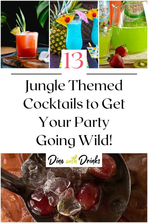 Collage of 4 jungle themed cocktails. Safari Themed Drinks, Safari Cocktail Drinks, Safari Themed Cocktails, Animal Themed Cocktails, Jungle Themed Cocktails, Jungle Theme Drinks, Themed Cocktail Recipes, Adult Safari Party, Cocktail Weiners