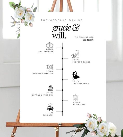 Modern Typeface Wedding Timeline Board, Gracie Wedding Schedule Welcome Sign, Printed Reception Timings Wedding Information, Itinerary Sign Wedding Boards Signs, Wedding Boards, Wedding Information, Wedding Schedule, Modern Typeface, Reception Signs, Wedding Timeline, Wedding Breakfast, Wedding Signs