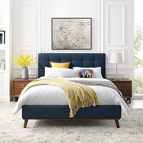 Blue Upholstered Bed, Fabric Platform Bed, Blue Headboard, Tufted Platform Bed, Solid Wood Bed Frame, Fabric Bed Frame, Bed Platform, Queen Platform Bed, Bedroom Headboard