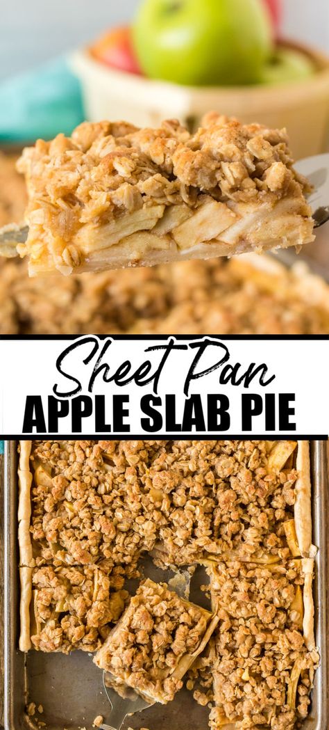 Apple season is in full swing, and what better way to celebrate than with a delicious apple slab pie? Gooey cinnamon and brown sugar apples baked on top of a buttery pie crust and finished off with a delightful oat crumble - make this easy sheet pan apple pie a fall staple! | www.persnicketyplates.com Sheet Pan Apple Crumble, Slap Apple Pie, Easy Sheet Pan Apple Pie, Apple Crumb Slab Pie, Apple Pie Sheet Pan, Apple Slab Pie With Crumb Topping, Apple Sheet Pie, Sheet Pan Apple Pie, Progressive Dinners