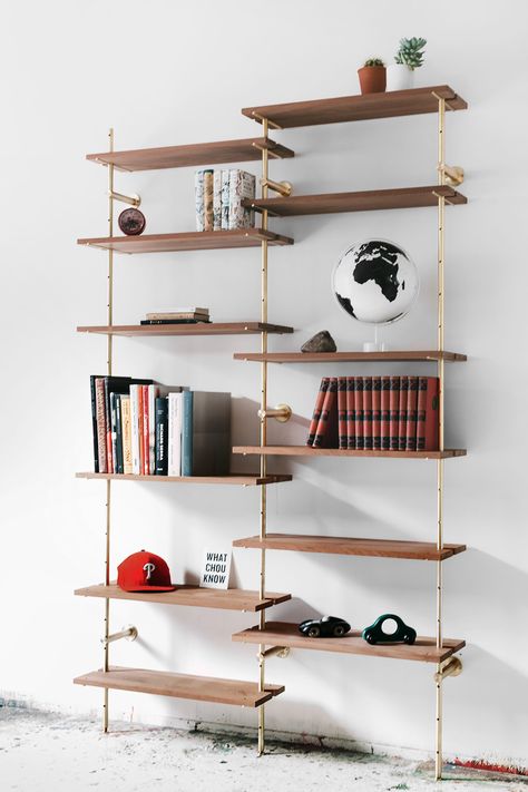 Brass Rail Shelving By Ryan Taylor - IGNANT Rail Shelving, Bookshelf Design Ideas, Interior Design Philippines, Ikea Room Divider, Ryan Taylor, Rail Shelf, Storage Unit Design, Wall Mounted Shelving Unit, Brass Rail