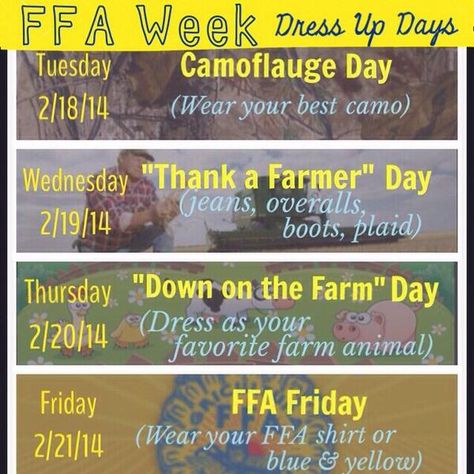 National Ffa Week Dress Up Days, Ag Teacher Quotes, Ffa Dress Up Days, Ffa Week Activities, Ffa Week Dress Up Days, Ffa Activities High Schools, Ffa Week Ideas Activities, National Ffa Week Ideas, Ffa Spirit Week Ideas