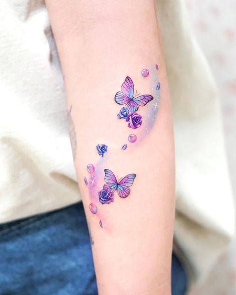 30 Best Butterfly Tattoo Ideas You Should Check Watercolor Butterfly Tattoos, Butterfly Tattoo Colorful, Butterfly Tattoo With Color, Butterfly Tattoo Color, Color Tattoos For Women, Yellow Butterfly Tattoo, Cute Sister Tattoos, Watercolor Butterfly Tattoo, Colorful Butterfly Tattoo