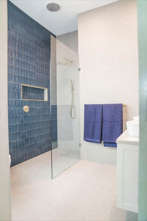 ABI's brushed nickel, navy blue masia feature tiles and concrete fusion pewter floor and wall tiles Navy And Brushed Nickel Bathroom, Navy Blue Tiles Bathroom, Navy Shower Room, Navy Tiles Bathroom, Navy Blue Bathroom Tile Ideas, Navy Blue Bathroom Tile, Blue Grey Bathroom Ideas, Navy Tile Bathroom, Blue Bathroom Tiles