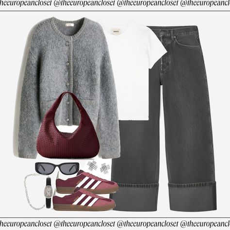 Casual cool with a twist! 🍂 Rocking barrel jeans with a cozy cardigan and sporty sneakers for that perfect blend of comfort and style. Elevate your everyday look with a chic burgundy bag and statement accessories. #BarrelJeansOutfit #CasualChic #FallFashion Comfy Cardigan Outfit, White Jeans Outfit Fall, Outfits With Grey Cardigan, Cardigan Outfit Ideas, European Closet, Grey Jeans Outfit, Comfortable Casual Outfits, Jeans Outfit Ideas, Outfit Ideas For Fall