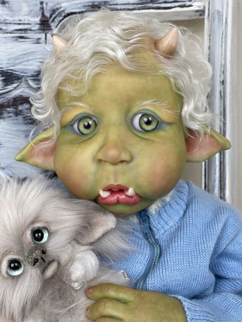 Orla the baby Ogre sculpted by Jodie Lombardo created by Tanya Folgore of Folgore Fantasy Nursery. #folgorefantasynursery #orla #jodielombardo #alternativereborn #reborn #artist #dollmaker #shrekbaby #ogrebaby #dollcollector #doll #enchantedkreaturekits Fantasy Reborn Dolls, Fantasy Nursery, Doll Faces, Fantasy Doll, Doll Painting, Doll Maker, Collector Dolls, Shrek, Reborn Dolls