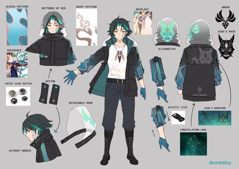 Genshin Reference Sheet, Xiao Casual, Modern Xiao, Genshin Reference, Gaming Genshin, Pola Jaket, Character Game, Reference Sheet, Kendo