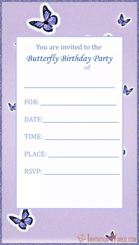 Free Printable Butterfly Invitation Templates - Invitation-World.com Bday Invitation Card, Butterfly Birthday Party Invitations, Online Birthday Invitations, Make Birthday Invitations, Happy Birthday Invitation Card, Butterfly Invitation, Sleepover Invitations, How To Make Invitations, Printable Butterfly