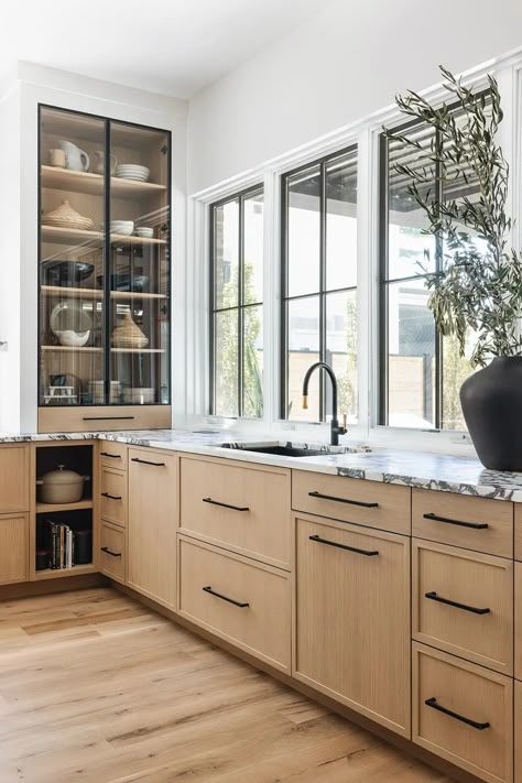 Glass Upper Kitchen Cabinets, Matte Black Kitchen Sink, White Oak Kitchen Cabinets, Glass Upper Cabinets, Beige Kitchen Cabinets, Black Pulls, Warm Farmhouse, Kitchen Renos, Glass Kitchen Cabinets