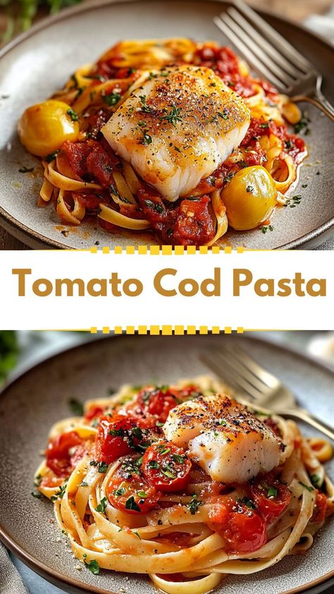 Elevate your winter meals with this Easy Tomato Cod Pasta, a delicious recipe for Friendsgiving or a cozy winter dinner. Fresh cod and vibrant tomatoes create a healthy, hearty dish perfect for special gatherings or weeknight comfort food. A top choice for winter dinner recipes that’s as simple as it is satisfying! Cod Tomato Recipe, Cod Pasta, Cozy Winter Dinner, Dinner Fresh, Winter Meals, Cod Recipes, Winter Dinner Recipes, Winter Dinner, Easy Dishes