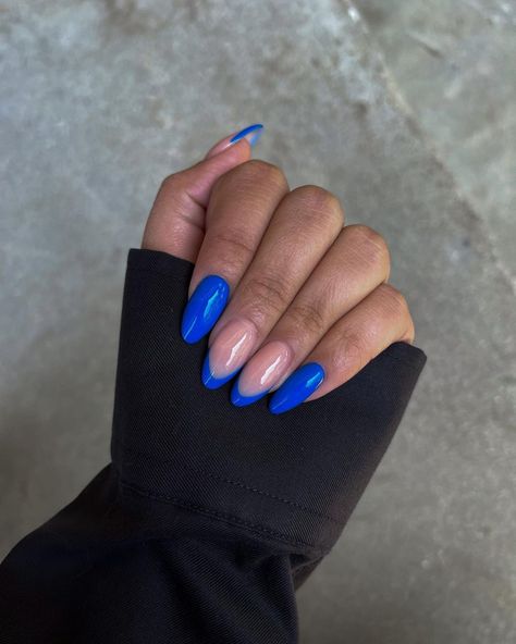 Blue Tips Almond Nails, Almond Nails Blue, Nails Blue French, Blue Almond Nails, Gradation Nails, Purple Glitter Nails, Long Square Nails, Sky Nails, Graduation Nails