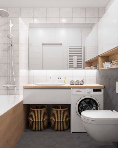 Modern Small Apartment Design, Design Interior Baie, Small Washing Machine, Bad Inspiration, Small Apartment Design, Decor Baie, Apartment Bathroom, Small Bathroom Design, Bathroom Layout