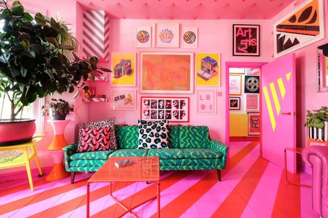 This Colorful London Home’s Pink and Red Striped Floors Aren’t Even the Most Fun Detail Eccentric Interior Design, Colored Glassware, Pink Houses, Living Room Flooring, Pink Decor, Painted Floors, Room Flooring, Chic Home, Apartment Therapy