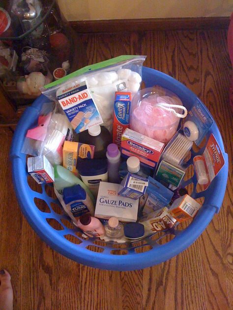 Wedding Shower Gift Basket full of medicine cabinet, health & home medical related items. Medicine Gift Basket, Wedding Shower Gifts Basket, Medicine Gift, Wedding Planning Gifts, Order Of Wedding Ceremony, Medical Gifts, Bridal Shower Cards, Rustic Wedding Flowers, Fun Wedding Invitations