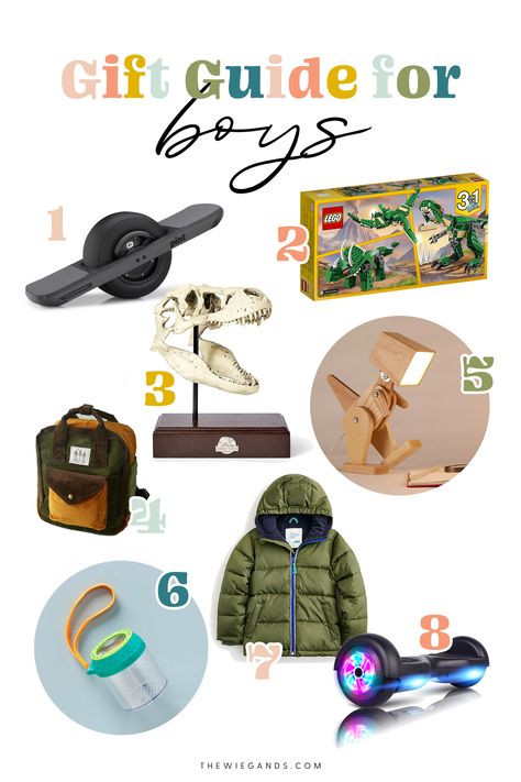 Gift Guide for Boys: One-wheel, legos, dinosaurs, boy clothes, boy gifts, boy toys, hopverboard. #giftsforhim #giftguide #boygifts Gifts For Toddler Boys, Toddler Boy Gifts, Toddler Christmas Gifts, Boy Gifts, Heirloom Gifts, Boy Toys, Be Grateful, Boy Clothes, Gift List