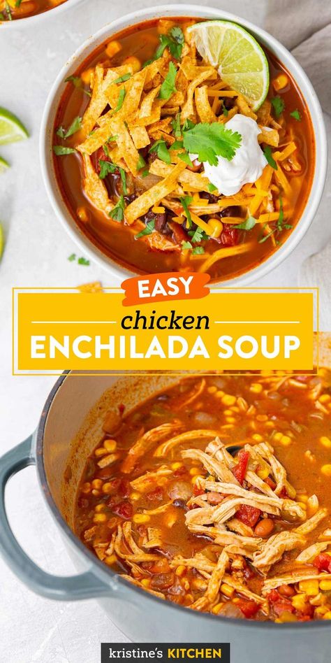 Hearty and flavorful Chicken Enchilada Soup! This easy soup recipe has shredded chicken breast, beans, corn and enchilada sauce. Load up a bowl with your favorite toppings and enjoy for lunch or dinner. Slow cooker and Instant Pot instructions included. Chicken Enchilada Soup Crockpot Recipes, Chicken Quesadillas Soup, Chicken Enchiladas Soup Easy, Canned Chicken Enchilada Soup, Enchilada Chicken Chili, Shredded Chicken Recipes Crockpot Soup, 7 Can Enchilada Soup, Chicken Enchilada Soup No Beans, Red Chicken Enchilada Soup