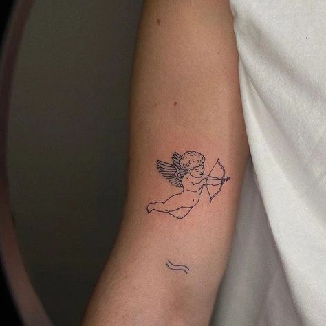 Small Cupid Tattoo Men, Icarus Tattoo Simple, Mn Tattoo, Cupid Drawing, Cherub Tattoo Designs, Elegance Tattoo, Poland Tattoo, Icarus Tattoo, Amor Tattoo