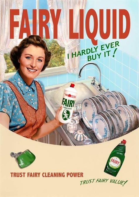 Fairy Liquid -- Trust Fairy Cleaning Power Fairy Liquid, Brand Ads, Vintage Advertising Art, Vintage Housewife, Pin Up Vintage, Television Set, Vintage Advertising Posters, Old Advertisements, Retro Advertising