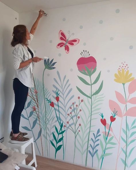 Girl Nursery Mural, Baby Pink Bedroom Ideas, Nursery Wall Painting, Kids Room Wall Murals, Wall Murals Diy, Diy Mural, Kids Room Murals, Baby Room Neutral, Girl Bedroom Walls