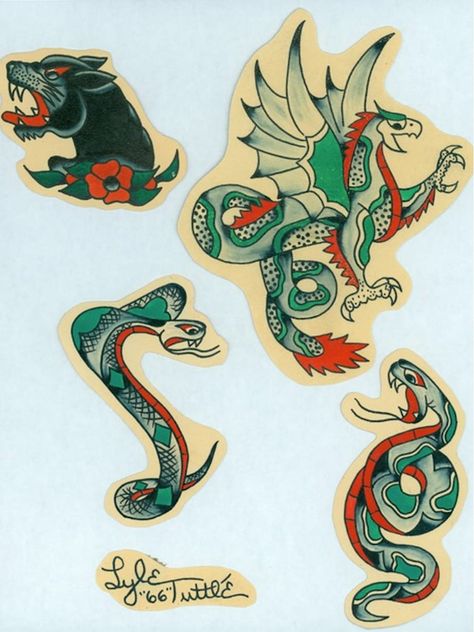 Lyle Tuttle #LyleTuttle #RIP Lyle Tuttle Tattoo Flash, Lyle Tuttle, Trad Flash, Antique Tattoo, Dragon Tattoo Back, Traditional Tattoo Flash Art, Vintage Tattoo Design, Japanese Dragon Tattoos, Traditional Flash