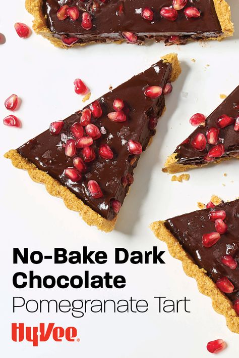 Dark chocolate and pomegranate are a match made in flavor heaven! Pair them together in this rich no-bake tart worthy of any special occasion. Chocolate Pomegranate Tart, Vegan Bakery, Tart Baking, Pomegranate Juice, Bakery Recipes, Graham Cracker Crumbs, Graham Crackers, No Bake Desserts, Pomegranate