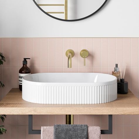 Countertop Basins Bathroom, Coloured Sinks Bathroom, Bathroom With Countertop Sink, Lisbon Bathroom, Vanity Sink Bathroom, Small Bathroom Countertop, Bathroom Things, White Radiator Covers, Downstairs Wc