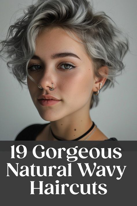 A person with short wavy hair and a nose piercing, with text overlay reading '19 Gorgeous Natural Wavy Haircuts'.