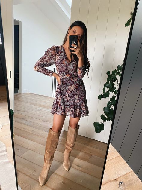 Boots And Long Dress, Knee High Boots Outfit Boho, Boot And Dress Outfit, Chic Knee-high Boots For Fall Party, Dress With High Boots, Country Style Knee-high Boots For Fall, Floral Dress Knee High Boots, Denim Dress Outfit Fall, Dress And Boots Outfit