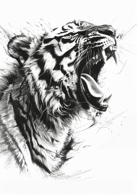 Tiger Roaring in Minimalistic Pencil Drawing Tiger Growling Drawing, Tiger Roaring Drawing, Drawing Of A Tiger, Tiger Tattoos, Tiger Roaring, Tier Tattoo, Inspirational Digital Art, Tiger Drawing, Pencil Drawings Easy