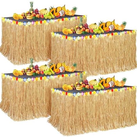 Aneco 4 Pieces Luau Grass Table Skirt Hawaiian Table Skirt Grass Skirt Table Fringe with LED String Light for Tropical, Hawaiian Themed, Birthday Party (Natural) Hawaiian Theme Party Food, Island Party Decorations, Luau Table, Hula Party, Hawaii Themed Party, Luau Decorations, Hawaii Theme, Island Party, Party Food Themes