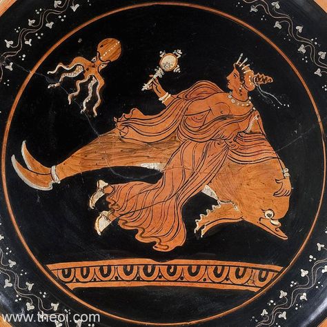 Nereid riding dolphin | Apulian red-figure plate C4th B.C. | State Hermitage Museum, Saint Petersburg State Hermitage Museum, Greek Vase, Ancient Greek Pottery, Classical Greece, Ancient Greek Art, Roman Gods, Greek Pottery, Greek Vases, Hermitage Museum