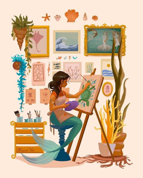 The Painter, The Writer, Mermaid Art, Aesthetic Art, Cartoon Art, Art Inspo, Cute Drawings, Beautiful Art, Cute Art