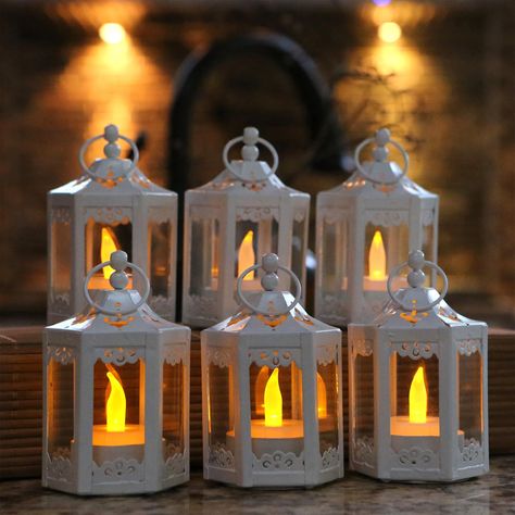 Shabby Chic Lanterns, Wedding Reception Table Decorations, Mini Lanterns, Lantern Centerpieces, White Lanterns, Rustic Lanterns, Wedding Reception Centerpieces, Glass Tea Light Holders, Lantern Set