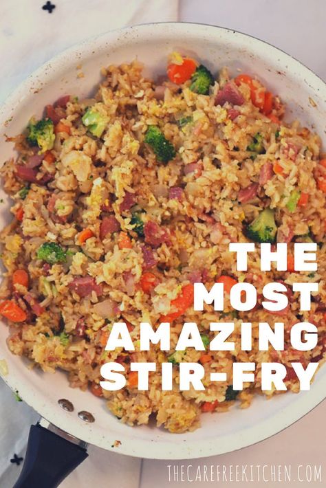 This easy ham and rice veggie stir fry is loaded with veggies and can easily be adapted so the entire family will love it! #stirfry #friedrice #hamandrice #leftoverham #Hamfriedrice Ham Stir Fried Rice, Rice And Veggie Stir Fry, Ham Stir Fry, Ham Stir Fry Recipes, Ham Fried Rice Recipe, Vegetable Stir Fry Rice, Ham And Rice, Best Fried Rice Recipe, Ham Fried Rice