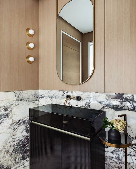 Susan Strauss Design (@susanstraussdesign) • Instagram photos and videos Wood Powder Room, Onyx Vanity, Modern Powder Room, Projects For Home, Brass Sconces, Home Owners, Business Partners, Interior Design Firm, Wood Accents