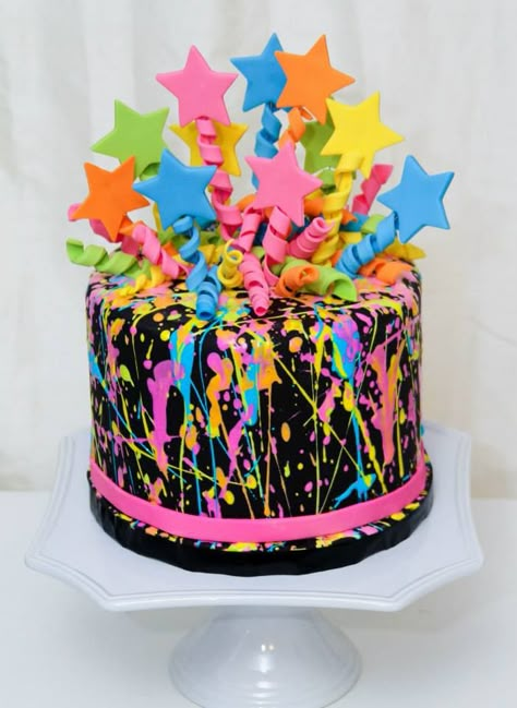 Splatter Cake Neon Birthday Cakes, Splatter Cake, Neon Cake, Neon Cakes, Neon Birthday Party, Glow Birthday Party, Glow In The Dark Party, Glow Birthday, Neon Birthday