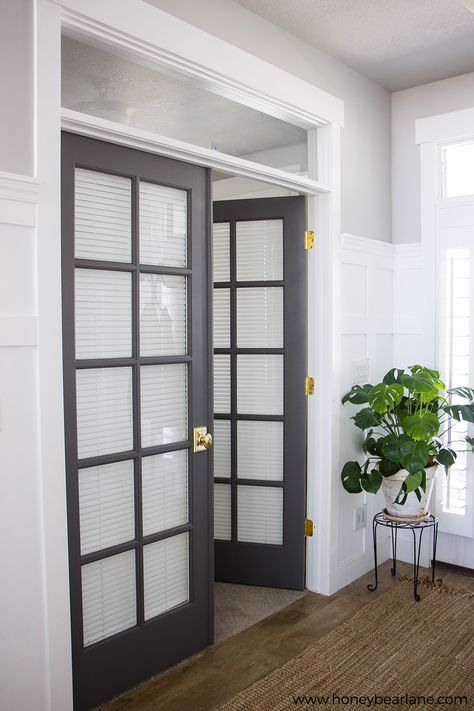 It's easy to update a room with one surprising change--the door hardware! Check out my French doors makeover and see the change! Home Office French Doors, Glass French Doors Interior, French Doors Office, Painted French Doors, Interior French Doors Privacy, Office French Doors, Bedroom French Doors, White Interior Door, Black French Doors