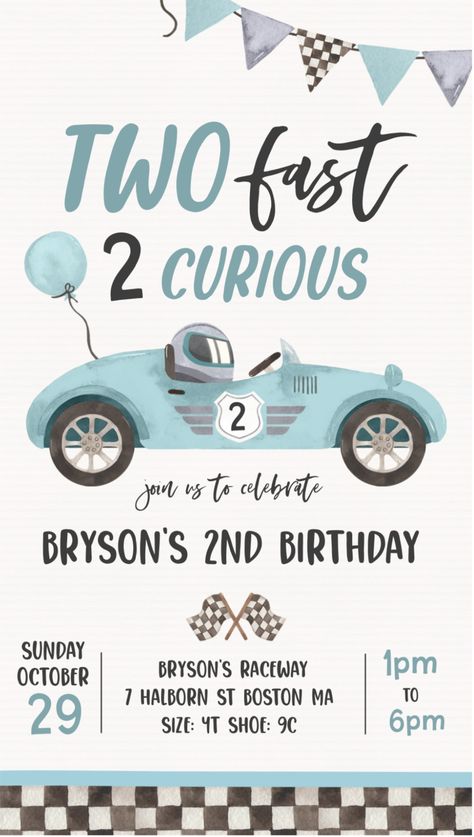 Race Car 2nd Birthday Party, Car 2nd Birthday Party, Bday Party Boy, Two Fast 2 Curious, Two Fast Birthday Invitation, Blue Race Car, Car Birthday Party Invitations, Two Fast Birthday, Cars Invitation