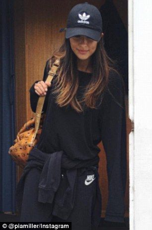 Hit the gym: Activewear has had an update! Channel Pia Miller's relaxed luxe look (left). Model wears cap ($10) black jacket ($XX) and leather bag ($129.95) all at TK Maxx Cap On Women, Black Baseball Cap Women Outfit, Women In Caps Outfit, Baseball Cap Gym Outfit, Black Cap Outfits For Women, How To Wear Caps Women, Cap Looks For Women, Caps Outfits For Women, Cap Style Woman