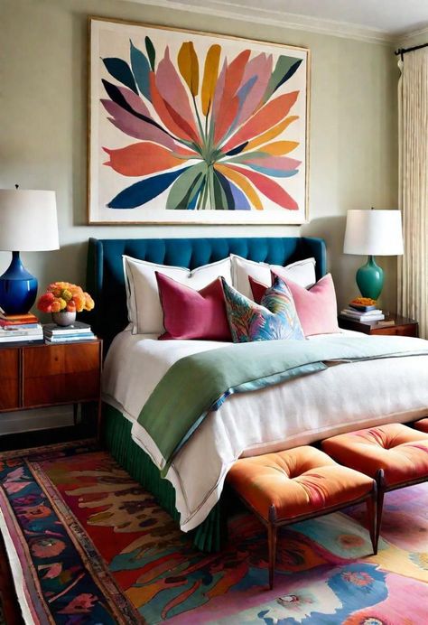 White Room Pop Of Color Bedroom, Bright Mid Century Modern Bedroom, Eclectic Interior Design Vintage Bedroom, Colorful Feminine Bedroom, Pink And Blue Master Bedrooms Decor, Fun Master Bedrooms Decor, Bright Guest Bedroom, Master Bedrooms Colorful, Primary Colors Bedroom