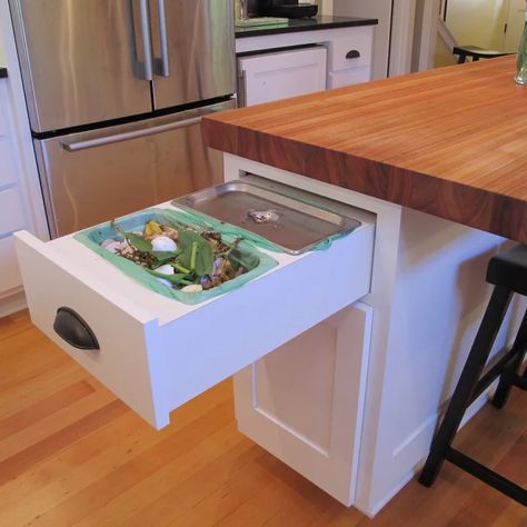 Compost Drawer, 1920s Craftsman Home, Ikea Kitchen Inspiration, Traditional Kitchen Remodel, Kitchen Compost, Walnut Floating Shelves, Kitchen Compost Bin, Recessed Panel Cabinets, Custom Cabinet