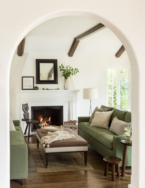 Mediterranean Living Room with Green Couches and White Fireplace Mediterranean Living Rooms, Mediterranean Living Room, Minimalist Dekor, Mediterranean Style Home, Mediterranean Living, Mediterranean Home Decor, Spanish Style Homes, Farmhouse Decor Living Room, Living Room Green