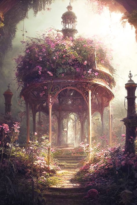 An ornate victorian gazebo in a fantasy flower setting. Victorian Gazebo, Flower Setting, Fairytale House, Fantasy Garden, Victorian Garden, Fantasy Background, Victorian Flowers, Royal Garden, Fantasy Forest