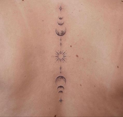 Moon And Star Back Tattoo, Moon On Spine Tattoo, Back Tattoo Women Spine Sun And Moon, Divine Feminine Sleeve Tattoo, Lotus And Moon Spine Tattoo, Spine Star Tattoos For Women, Lunar Cycle Tattoo Spine, Moon Phase And Stars Tattoo, Spine Tattoos For Women Moon And Stars