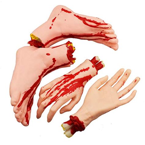 Amazon.com: XONOR Halloween Severed Hands Feet Set Scary Bloody Broken Body Parts Halloween Props Decorations, 4 Pieces(Feet & Hands) (Skin Color): Toys & Games Haunted House Halloween Party, Scary Halloween Decorations Outdoor, Halloween Coffin, Halloween House Party, Halloween Collectables, Scary Halloween Decorations, Halloween Haunted Houses, Halloween Deco, Halloween Props