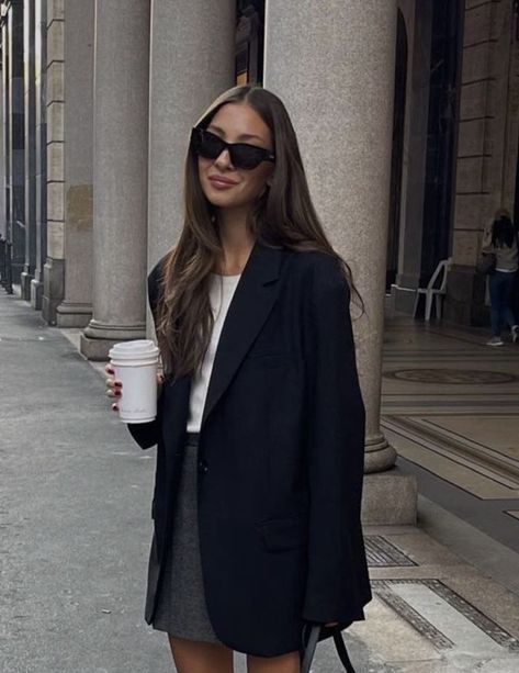 photo by @fakerstrom / minimal neutral outfit / grey skirt / black blazer Grey Blazers, Skirt Grey Outfit, Grey Fitted Blazer Outfit, Smart Outfit Aesthetic, Fakerstrom Style, Grey Blazer Skirt Outfit, Blazer Aesthetic Outfit, Blazer Mini Skirt, Black Blazer Outfit Summer