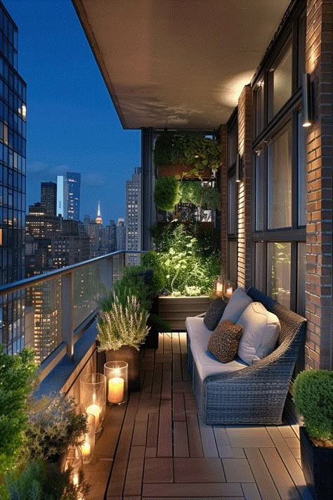 apartment balcony at night with window boxes hanging vertically for privacy Balcony Ideas House, Small Apartment Balcony Ideas, Balcony Designs, Condo Balcony, Balkon Decor, Modern Balcony, Terrace Decor, Small Balcony Design, House Balcony