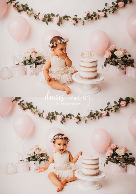 Pink And White First Birthday Photos, One Birthday Pictures, Balloon Arch Cake Smash, Cake Smash Photos Theme, Princess Cake Smash Photography, White Backdrop Cake Smash, Smash Cake Diy Photo Shoot, Isn’t She Onederful Cake Smash, 1 Year Cake Smash Photoshoot