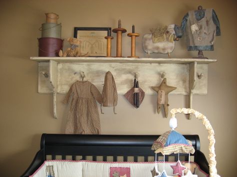 Primitive baby room Primitive Nursery Ideas, Old Western Nursery, Primitive Nursery, Vintage Baby Rooms, Country Baby Boy Nursery Bed Bath & Beyond, Old House Decorating, Primitive Wall Shelves, Country Shelves, Farmhouse Nursery Decor