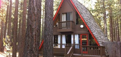 Cozy up in these adorable cabins in Lake Tahoe Lake Tahoe Cabin, Triangle Frame, Lake Tahoe Vacation, Triangle House, A Frame Cabins, Random Places, Red Triangle, A Frame House Plans, Frame Cabin